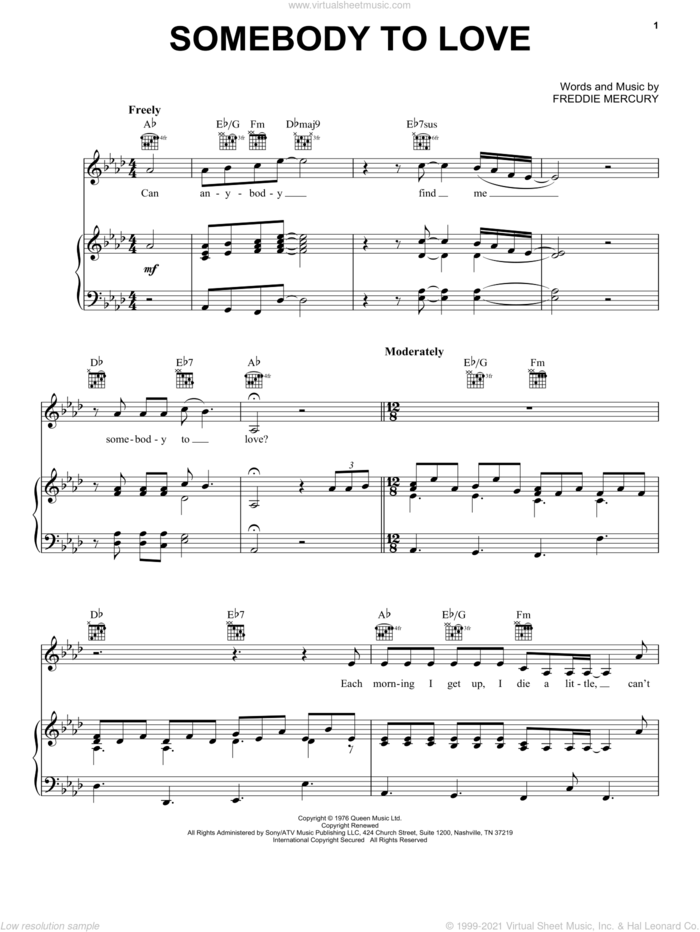 Somebody To Love (from Happy Feet) sheet music for voice, piano or guitar by Queen, Miscellaneous and Freddie Mercury, intermediate skill level
