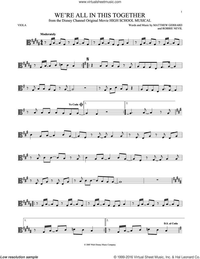 We're All In This Together (from High School Musical) sheet music for viola solo by Matthew Gerrard, High School Musical Cast and Robbie Nevil, intermediate skill level