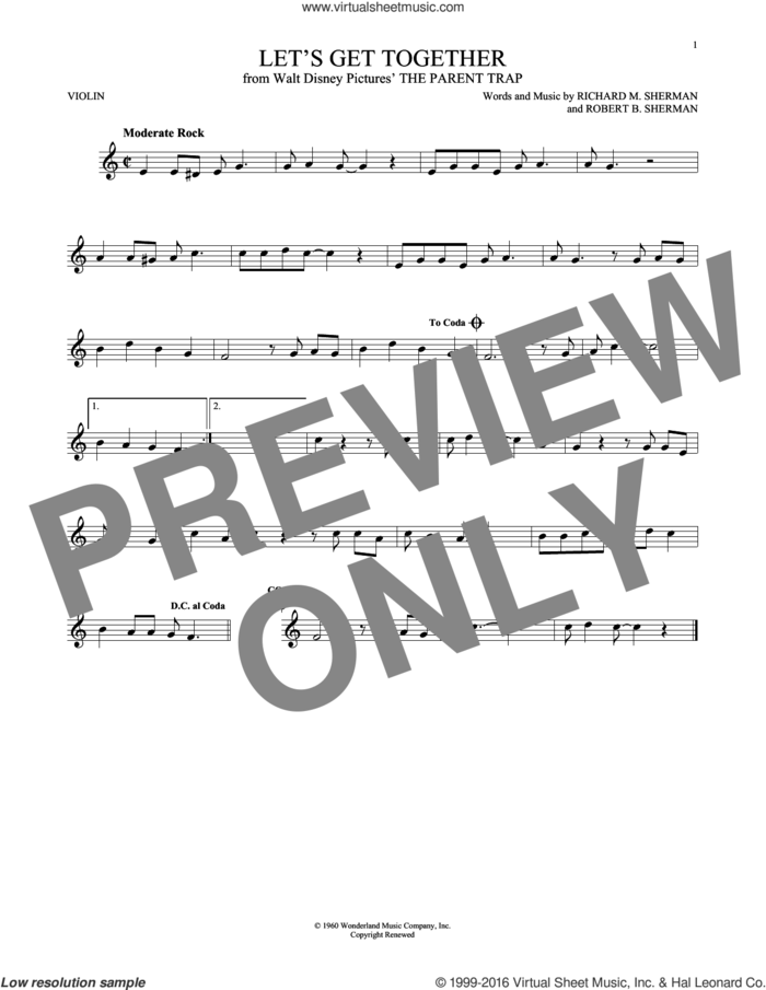 Let's Get Together sheet music for violin solo by Hayley Mills, Richard M. Sherman and Robert B. Sherman, intermediate skill level