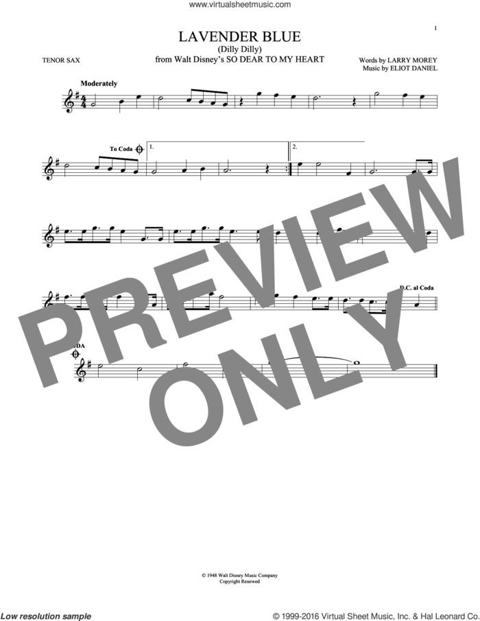Lavender Blue (Dilly Dilly) (from So Dear To My Heart) sheet music for tenor saxophone solo by Sammy Turner, Burl Ives, Eliot Daniel and Larry Morey, intermediate skill level
