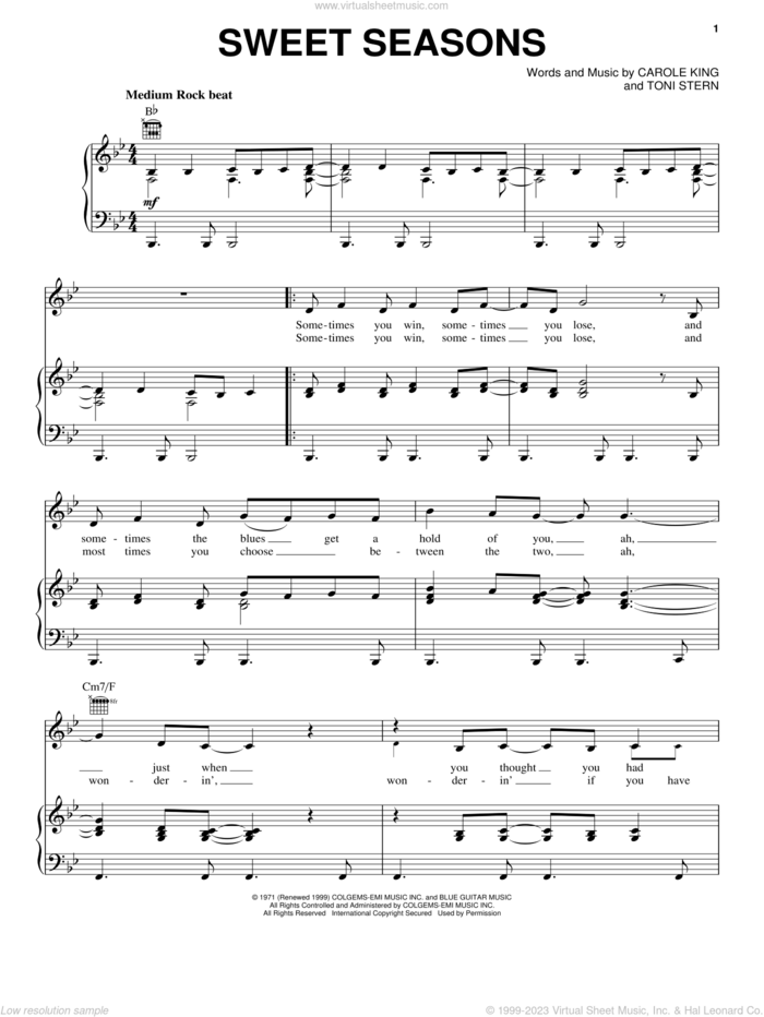 Sweet Seasons sheet music for voice, piano or guitar by Carole King and Toni Stern, intermediate skill level