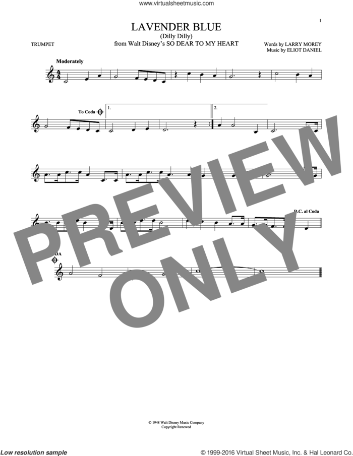 Lavender Blue (Dilly Dilly) (from So Dear To My Heart) sheet music for trumpet solo by Sammy Turner, Burl Ives, Eliot Daniel and Larry Morey, intermediate skill level