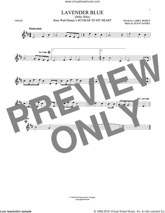 Lavender Blue (Dilly Dilly) (from So Dear To My Heart) sheet music for violin solo by Sammy Turner, Burl Ives, Eliot Daniel and Larry Morey, intermediate skill level