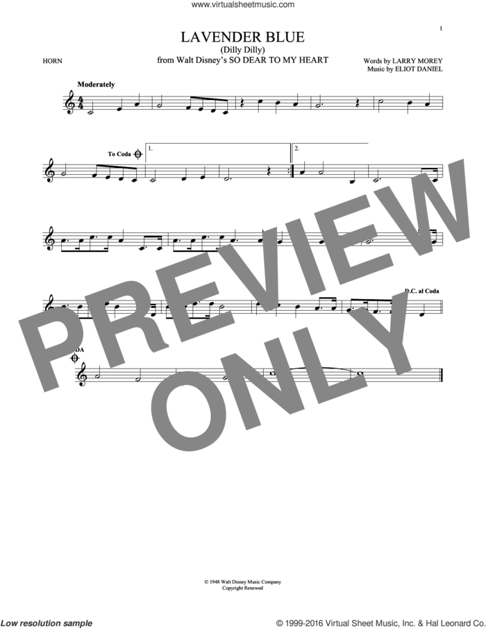 Lavender Blue (Dilly Dilly) (from So Dear To My Heart) sheet music for horn solo by Sammy Turner, Burl Ives, Eliot Daniel and Larry Morey, intermediate skill level