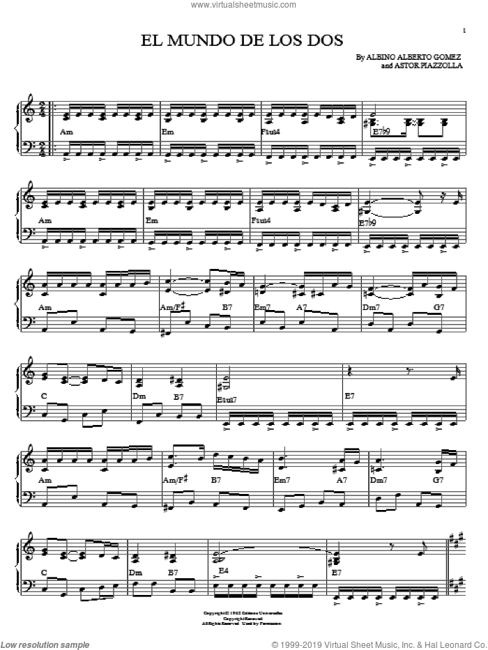 El mundo de los dos sheet music for piano solo by Astor Piazzolla and Albino Alberto Gomez, intermediate skill level