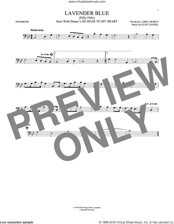 Lavender Blue (Dilly Dilly) (from So Dear To My Heart) sheet music for trombone solo by Sammy Turner, Burl Ives, Eliot Daniel and Larry Morey, intermediate skill level