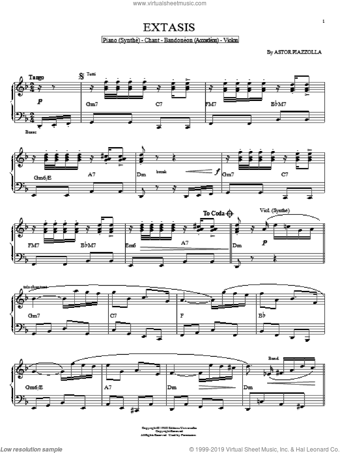 Extasis sheet music for piano solo by Astor Piazzolla, intermediate skill level