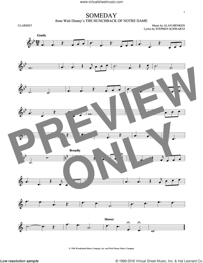 Someday (Esmeralda's Prayer) sheet music for clarinet solo by Alan Menken, Donna Summer and Stephen Schwartz, intermediate skill level