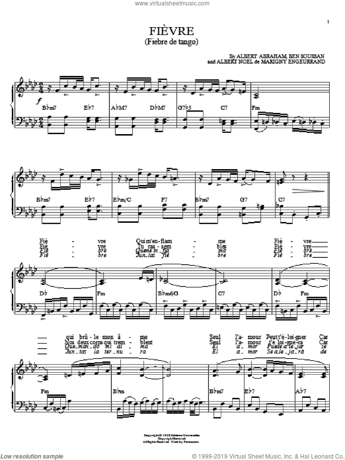 Fievre (Fiebre de Tango) sheet music for piano solo by Astor Piazzolla, Albert Abraham, Albert Noel de Marigny Engeurr and Ben Soussan, intermediate skill level