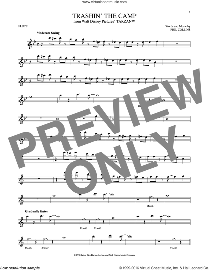 Trashin' The Camp sheet music for flute solo by Phil Collins, intermediate skill level