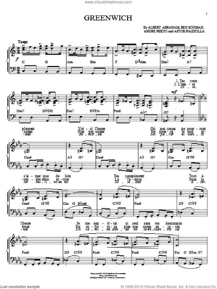 Greenwich sheet music for piano solo by Astor Piazzolla, Albert Abraham, Andre Psieto and Ben Soussan, intermediate skill level