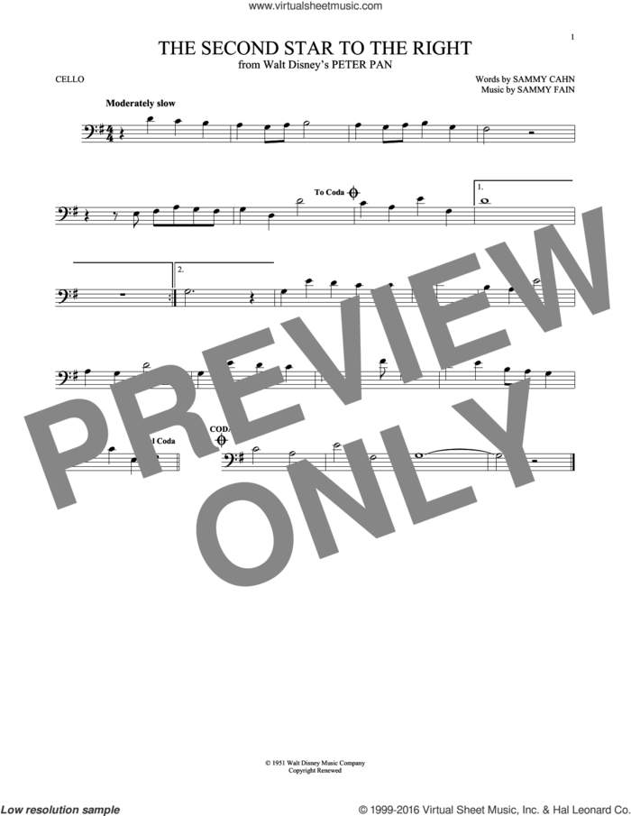The Second Star To The Right sheet music for cello solo by Sammy Cahn and Sammy Fain, classical score, intermediate skill level