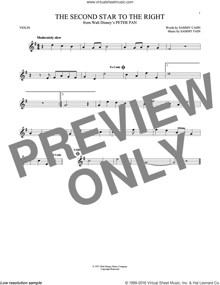 The Second Star To The Right sheet music for violin solo by Sammy Cahn and Sammy Fain, classical score, intermediate skill level