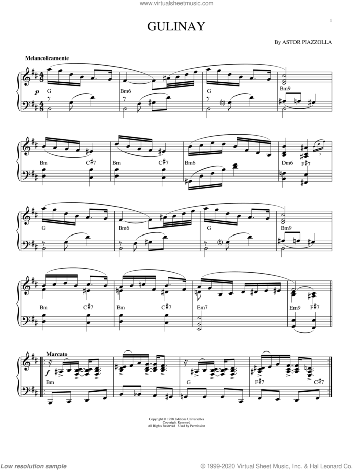 Gulinay (arr. Phillip Keveren) sheet music for piano solo by Astor Piazzolla, intermediate skill level