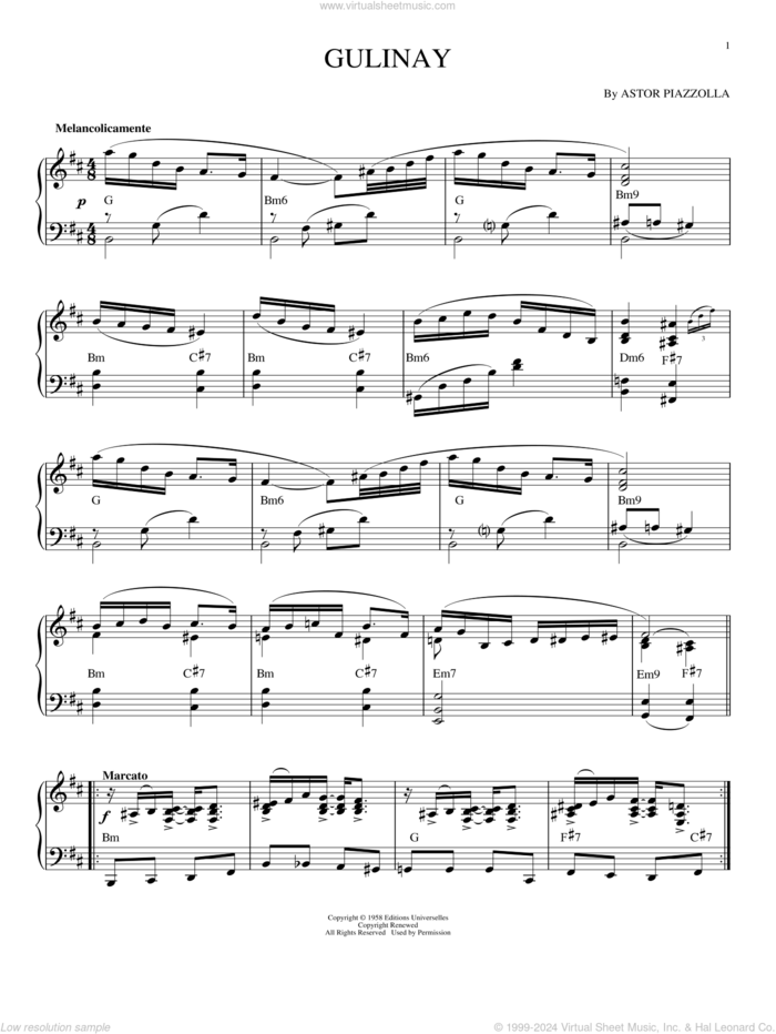 Gulinay (arr. Phillip Keveren) sheet music for piano solo by Astor Piazzolla, intermediate skill level