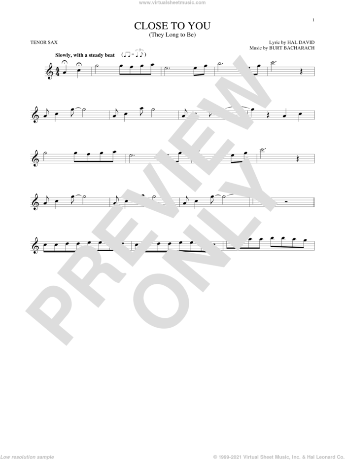 (They Long To Be) Close To You sheet music for tenor saxophone solo by Carpenters, Burt Bacharach and Hal David, intermediate skill level