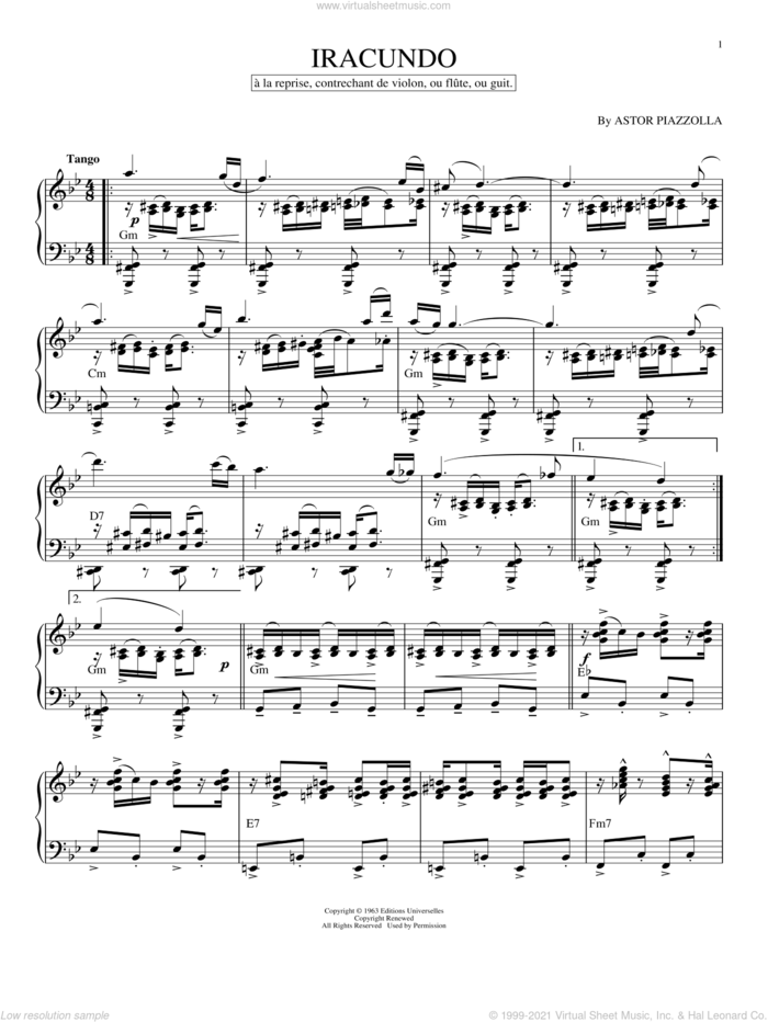 Iracundo sheet music for piano solo by Astor Piazzolla, intermediate skill level