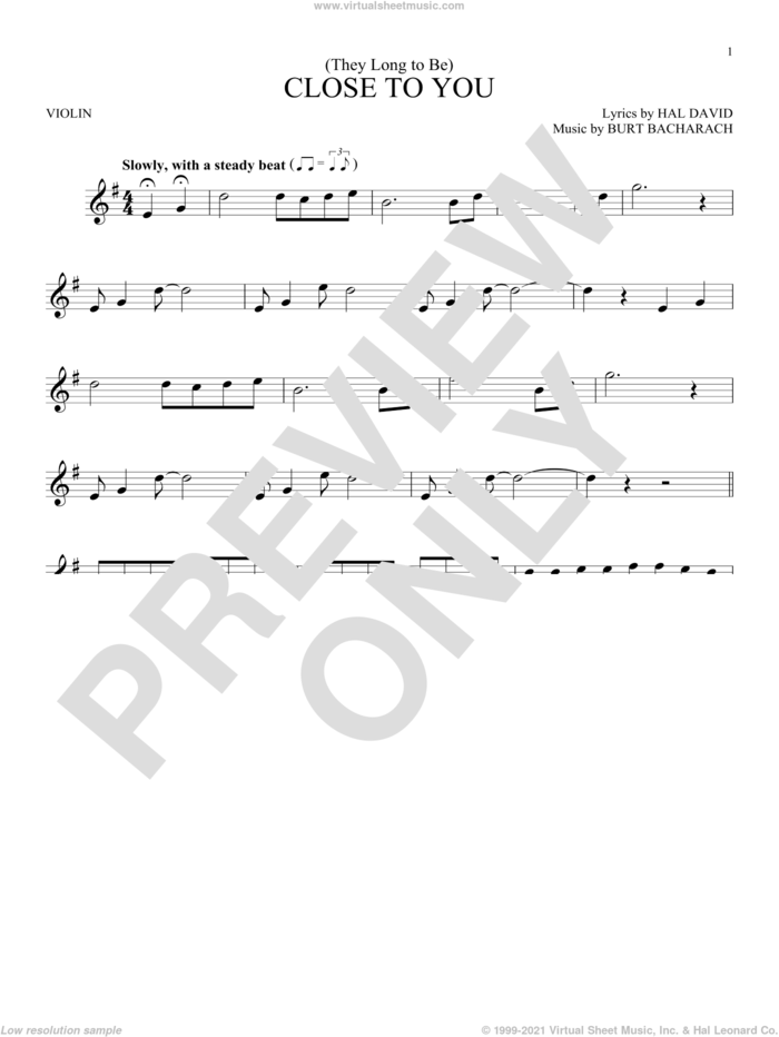 (They Long To Be) Close To You sheet music for violin solo by Carpenters, Burt Bacharach and Hal David, intermediate skill level