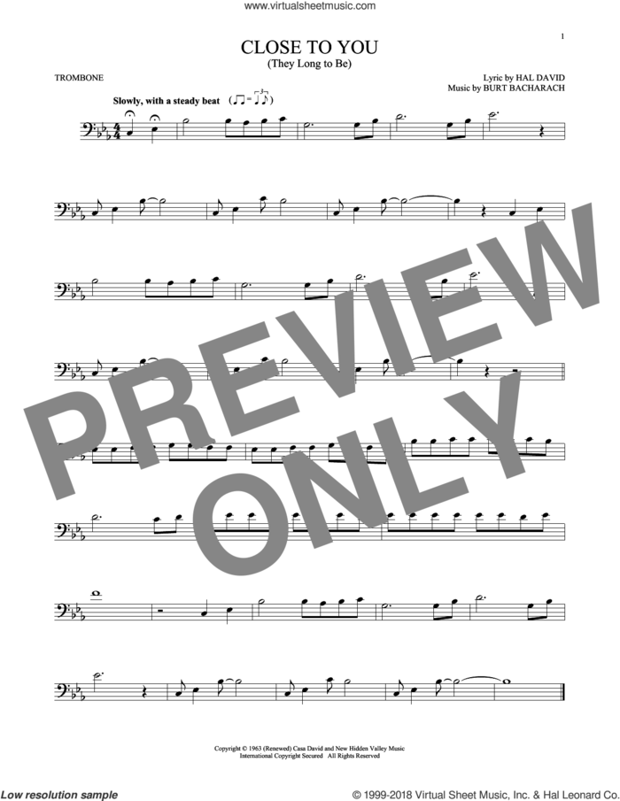 (They Long To Be) Close To You sheet music for trombone solo by Carpenters, Burt Bacharach and Hal David, intermediate skill level