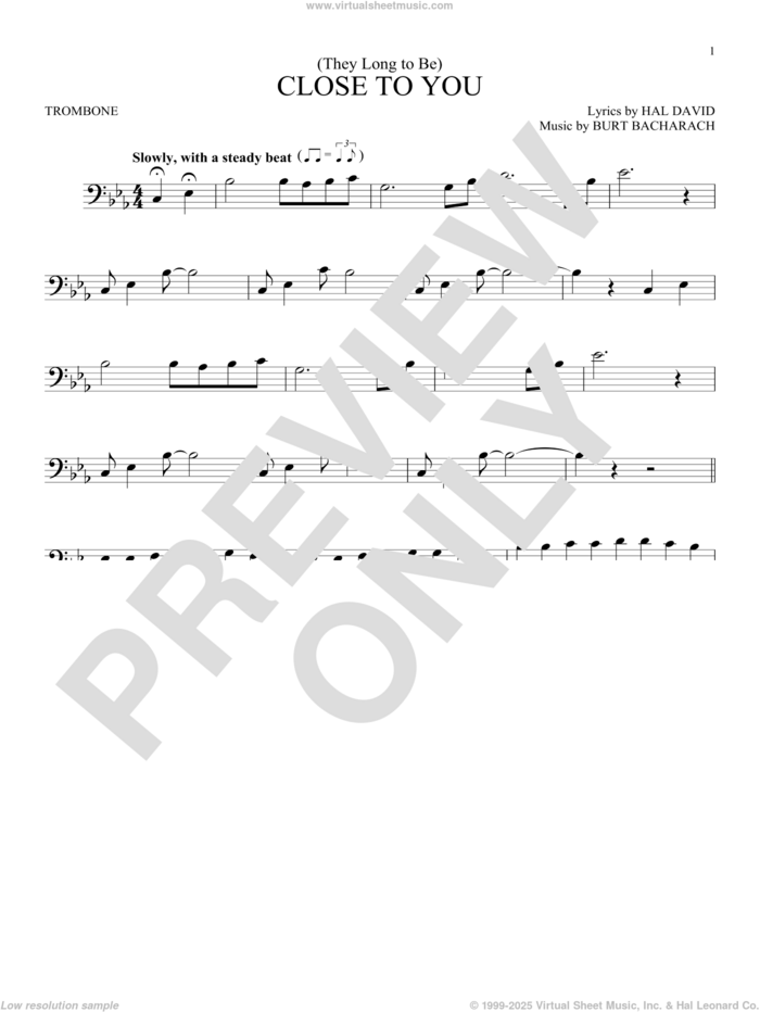 (They Long To Be) Close To You sheet music for trombone solo by Carpenters, Burt Bacharach and Hal David, intermediate skill level