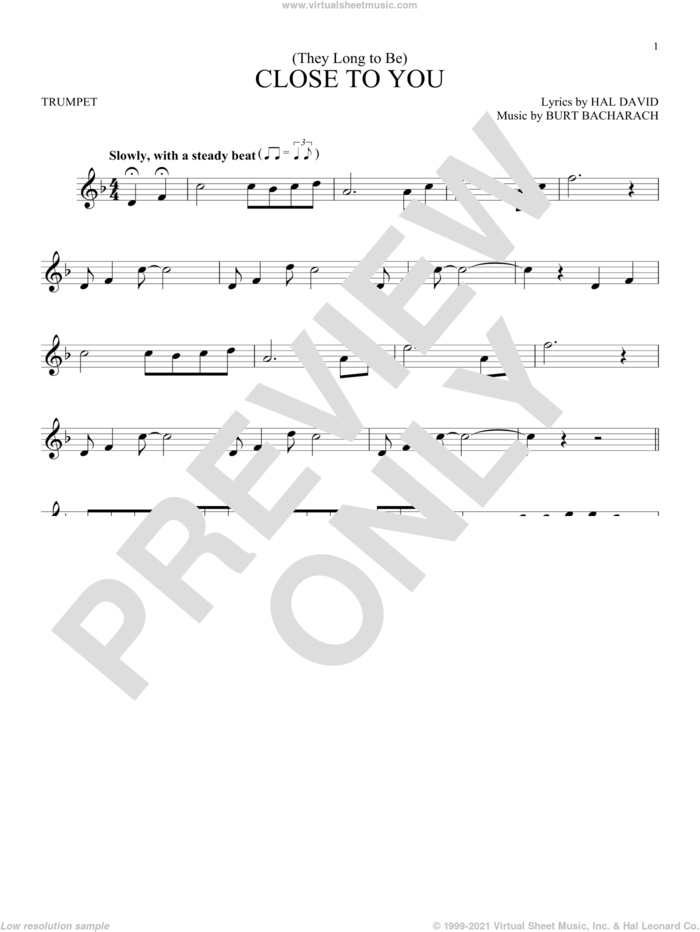 (They Long To Be) Close To You sheet music for trumpet solo by Carpenters, Burt Bacharach and Hal David, intermediate skill level