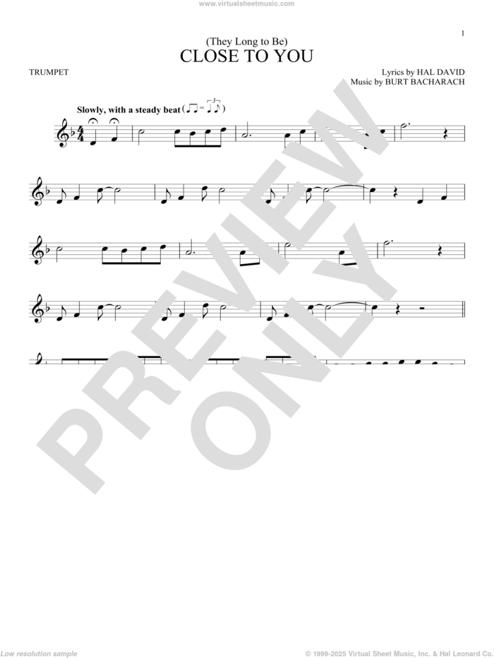 (They Long To Be) Close To You sheet music for trumpet solo by Carpenters, Burt Bacharach and Hal David, intermediate skill level