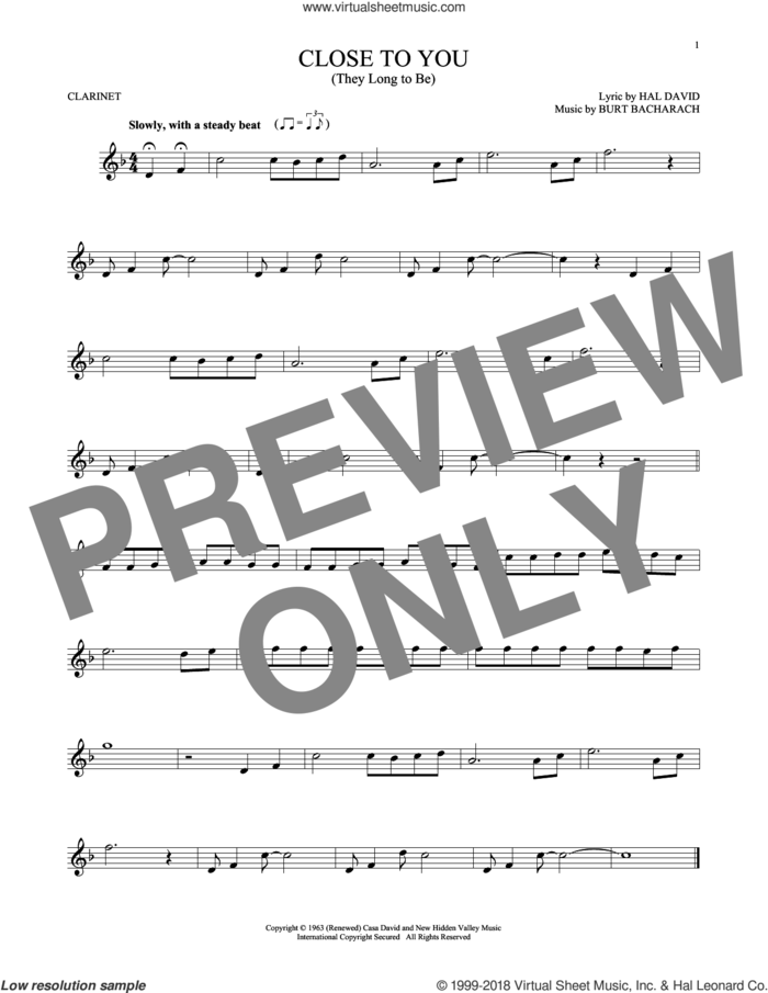 (They Long To Be) Close To You sheet music for clarinet solo by Carpenters, Burt Bacharach and Hal David, intermediate skill level