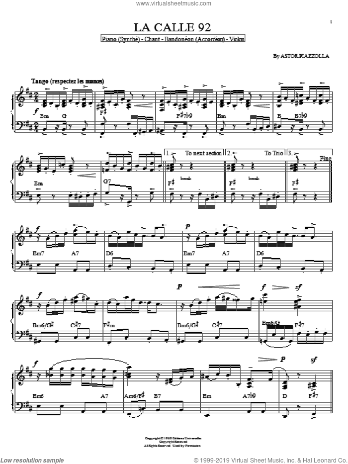 La Calle 92 sheet music for piano solo by Astor Piazzolla, intermediate skill level