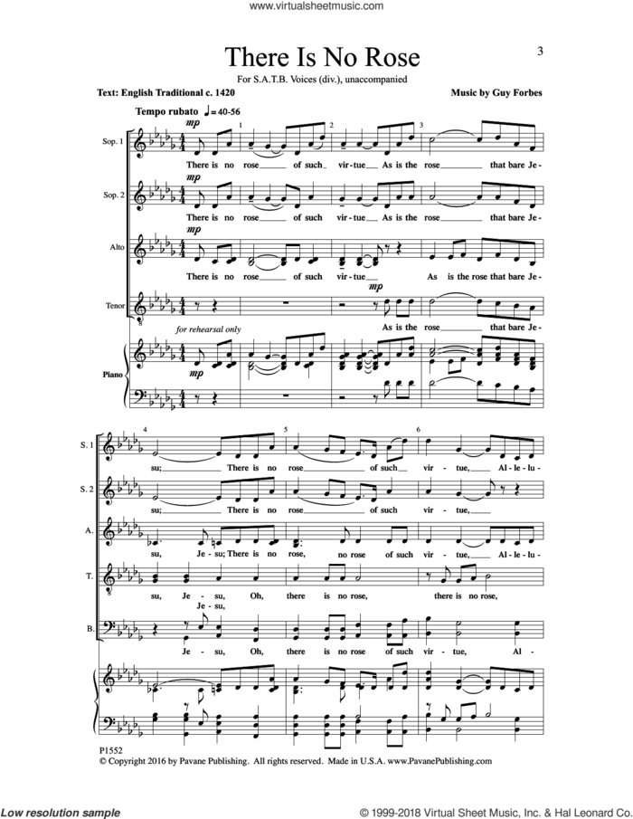 There Is No Rose sheet music for choir (SATB: soprano, alto, tenor, bass) by Guy Forbes, intermediate skill level