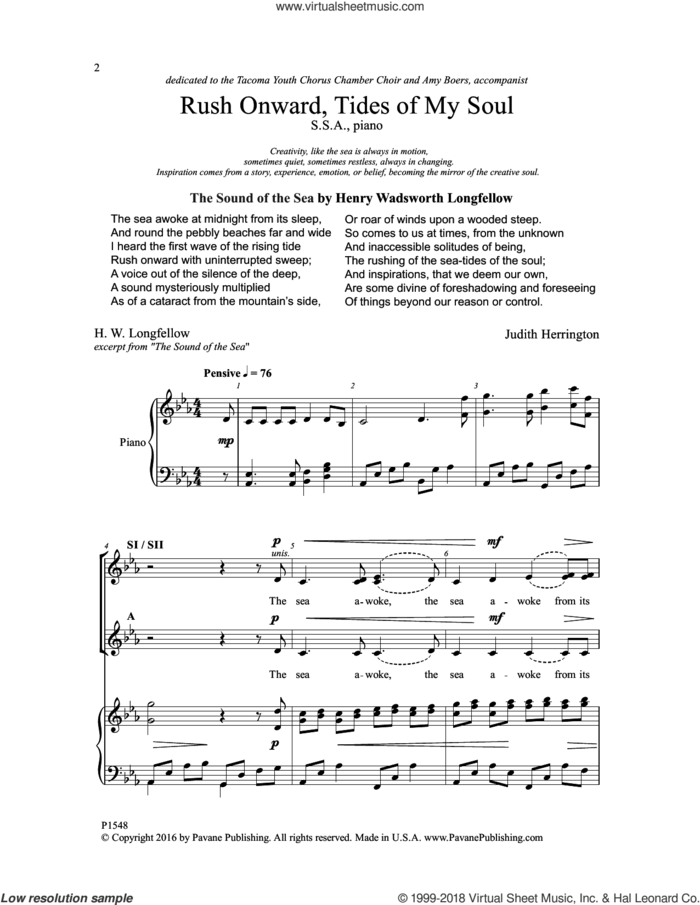 Rush Onward, Tides of My Soul sheet music for choir (SSA: soprano, alto) by Judith Herrington and H.W. Longfellow, intermediate skill level