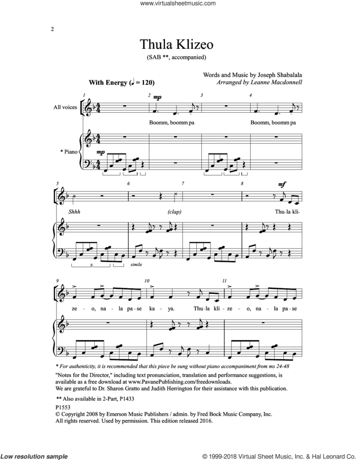 Thula Klizeo sheet music for choir (SAB: soprano, alto, bass) by Joseph Shabala and Joseph Shabalala, intermediate skill level