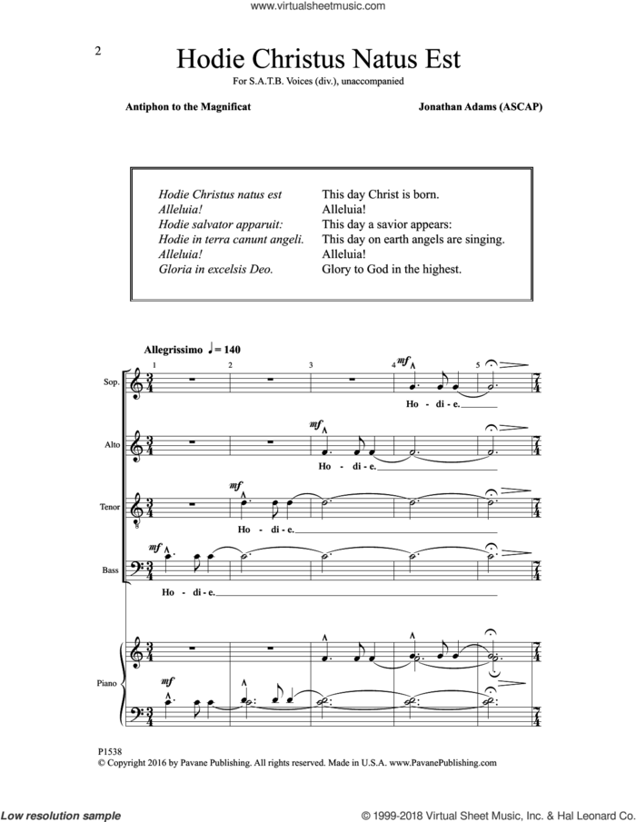 Hodie Christus natus est sheet music for choir (SATB: soprano, alto, tenor, bass) by Jonathan Adams, intermediate skill level