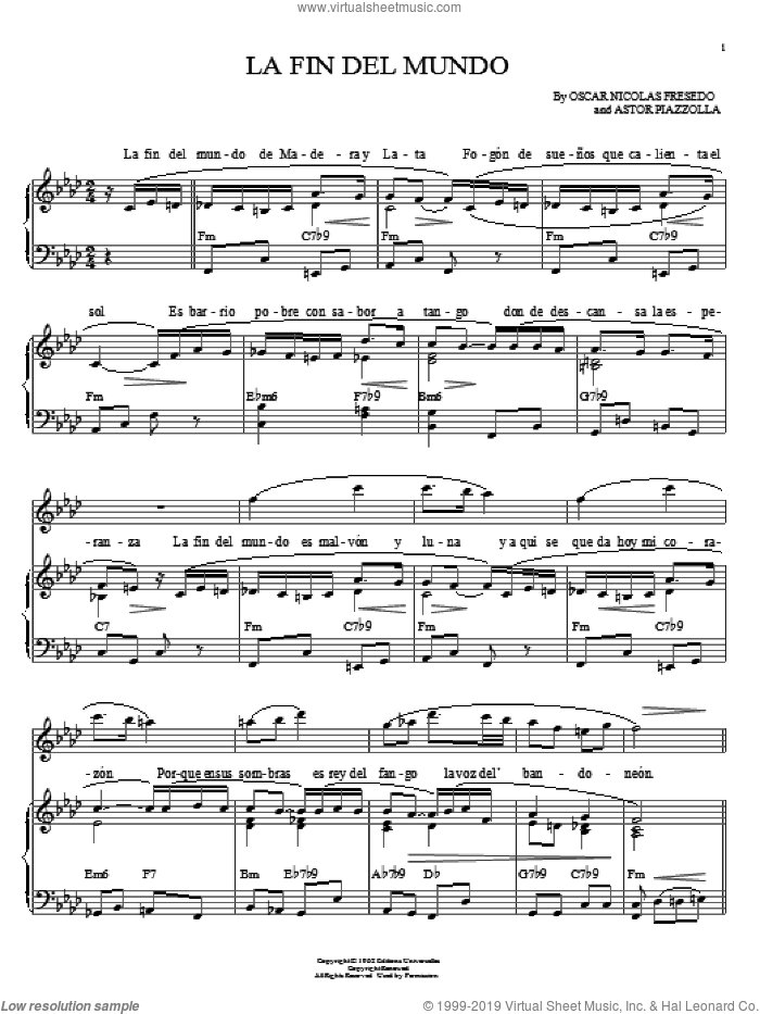 La fin del mundo sheet music for piano solo by Astor Piazzolla and Oscar Nicolas Fresedo, intermediate skill level