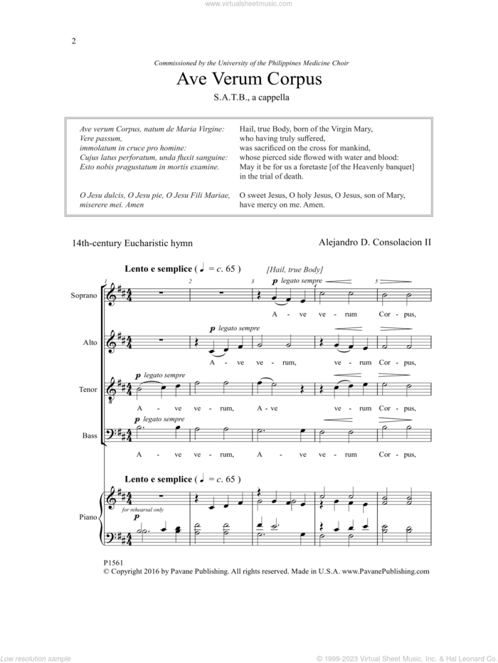 Ave Verum Corpus sheet music for choir (SATB: soprano, alto, tenor, bass) by Alejandro Consolacion, intermediate skill level