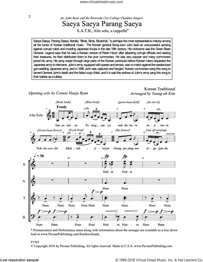 Saeya Saeya Parang Saeya sheet music for choir (SATB: soprano, alto, tenor, bass) by Young-Ah Kim, intermediate skill level