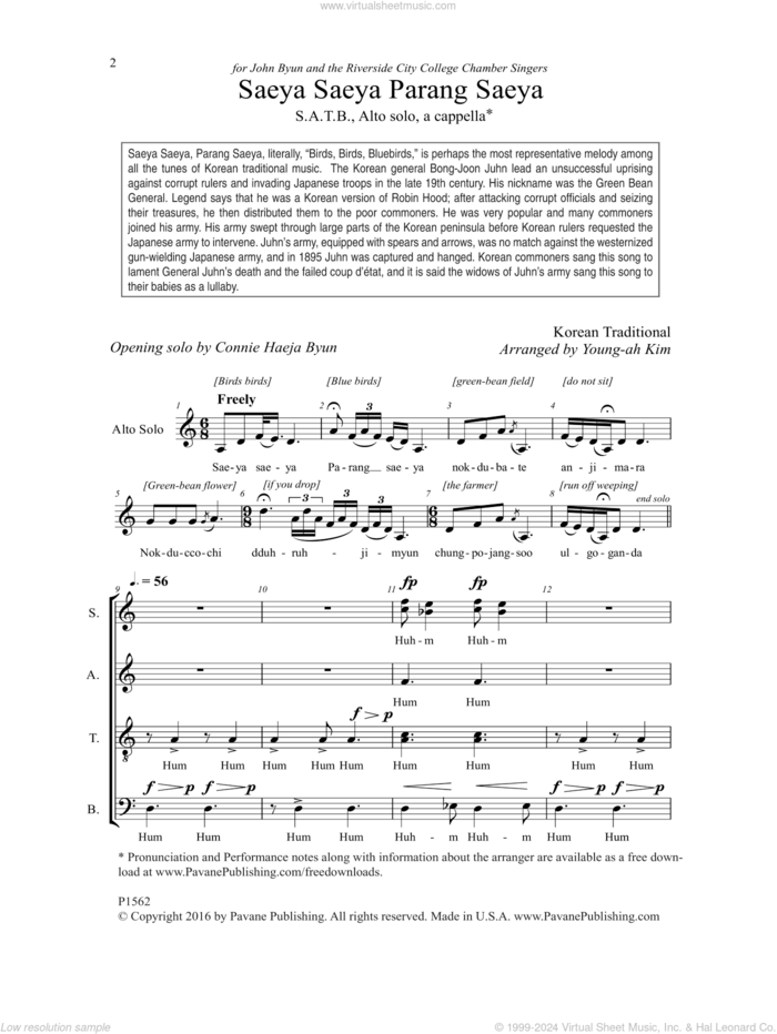 Saeya Saeya Parang Saeya sheet music for choir (SATB: soprano, alto, tenor, bass) by Young-Ah Kim, intermediate skill level