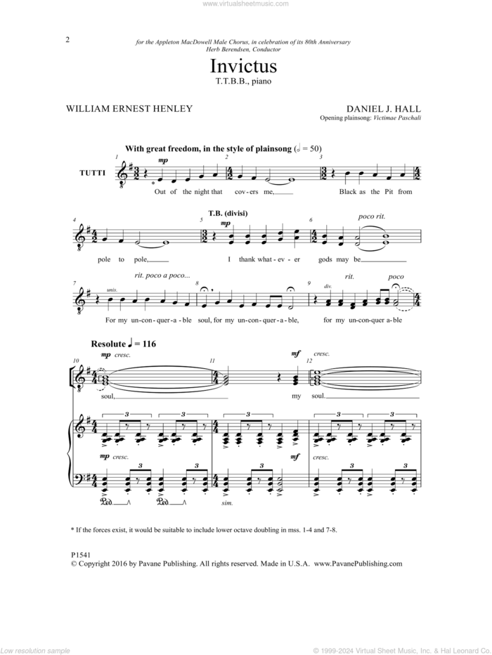 Invictus sheet music for choir (TTBB: tenor, bass) by Daniel J. Hall and William Ernest Henley, intermediate skill level
