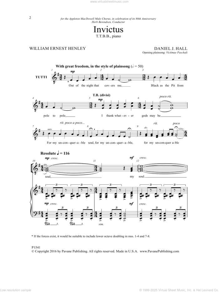 Invictus sheet music for choir (TTBB: tenor, bass) by Daniel J. Hall and William Ernest Henley, intermediate skill level