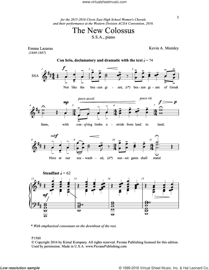 The New Colossus sheet music for choir (SSA: soprano, alto) by Kevin Memley and Emma Lazarus, intermediate skill level
