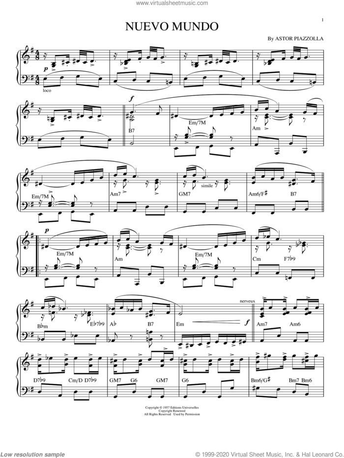 Nuevo Mundo sheet music for piano solo by Astor Piazzolla, intermediate skill level