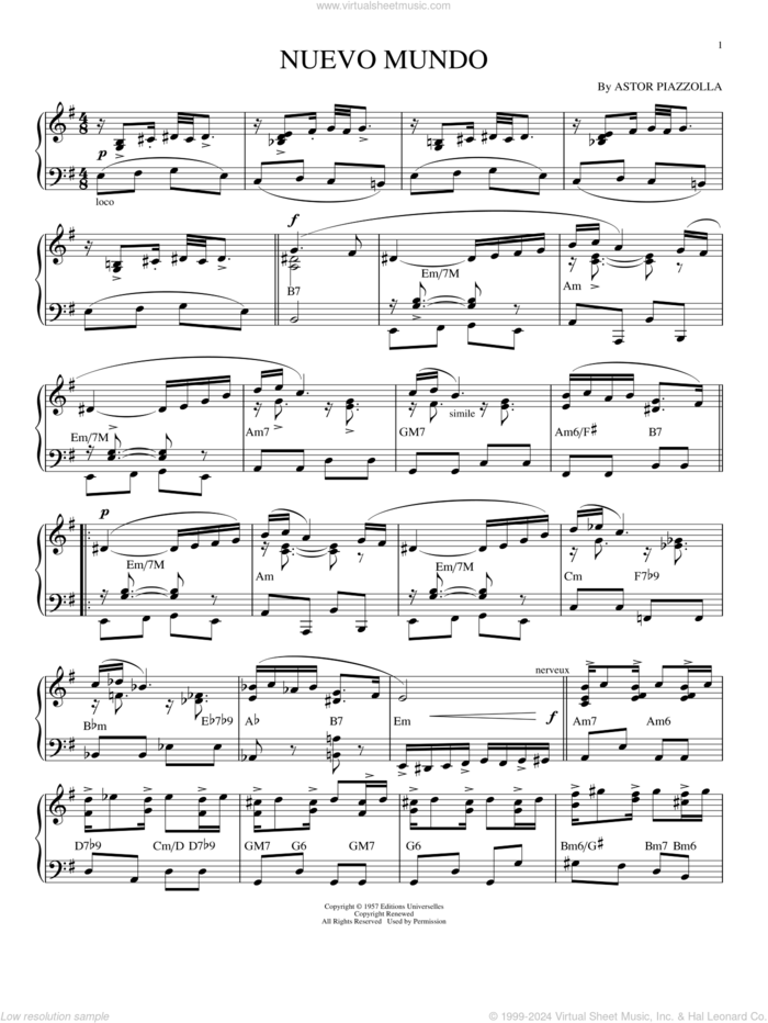 Nuevo Mundo sheet music for piano solo by Astor Piazzolla, intermediate skill level