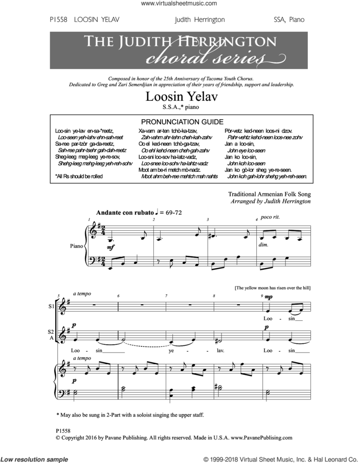 Loosin Yelav sheet music for choir (SSA: soprano, alto) by Judith Herrington, intermediate skill level