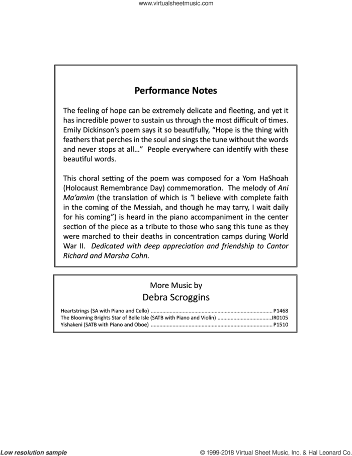 Hope sheet music for choir (SATB: soprano, alto, tenor, bass) by Debra Scroggins and Emily Dickinson, intermediate skill level