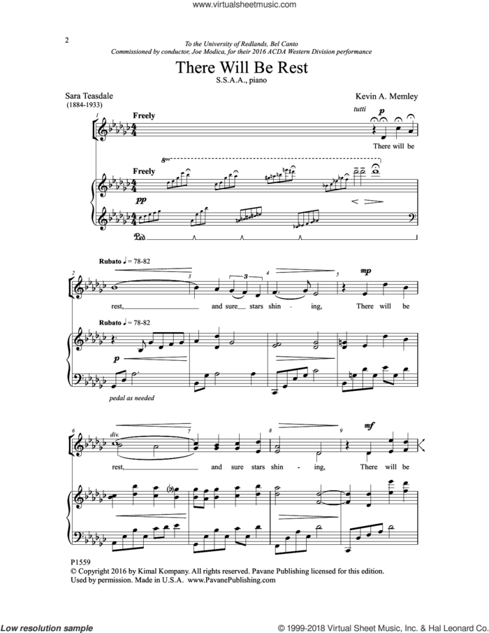 There Will Be Rest sheet music for choir (SSAA: soprano, alto) by Kevin Memley and Sara Teasdale, intermediate skill level