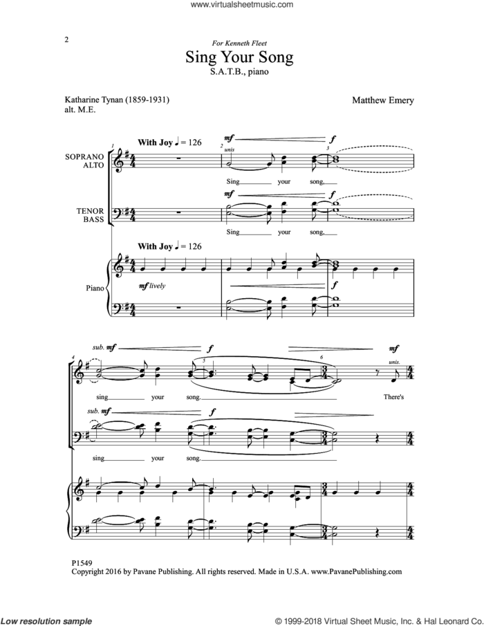 Sing Your Song sheet music for choir (SATB: soprano, alto, tenor, bass) by Matthew Emery, intermediate skill level