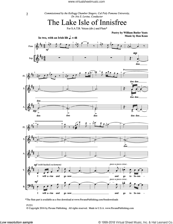 The Lake Isle of Innisfree sheet music for choir (SATB: soprano, alto, tenor, bass) by Ron Kean and W.B. Yeats, intermediate skill level