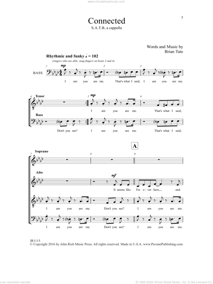 Connected sheet music for choir (SATB: soprano, alto, tenor, bass) by Brian Tate, intermediate skill level