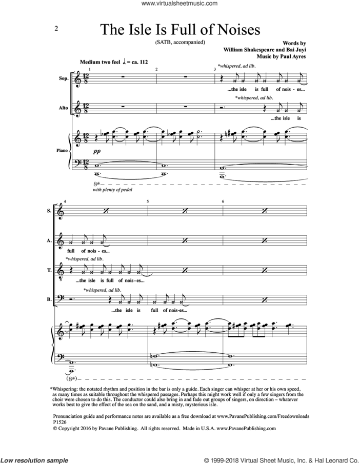 The Isle Is Full of Noises sheet music for choir (SATB: soprano, alto, tenor, bass) by Paul Ayres, Bai Juyi and William Shakespeare, intermediate skill level