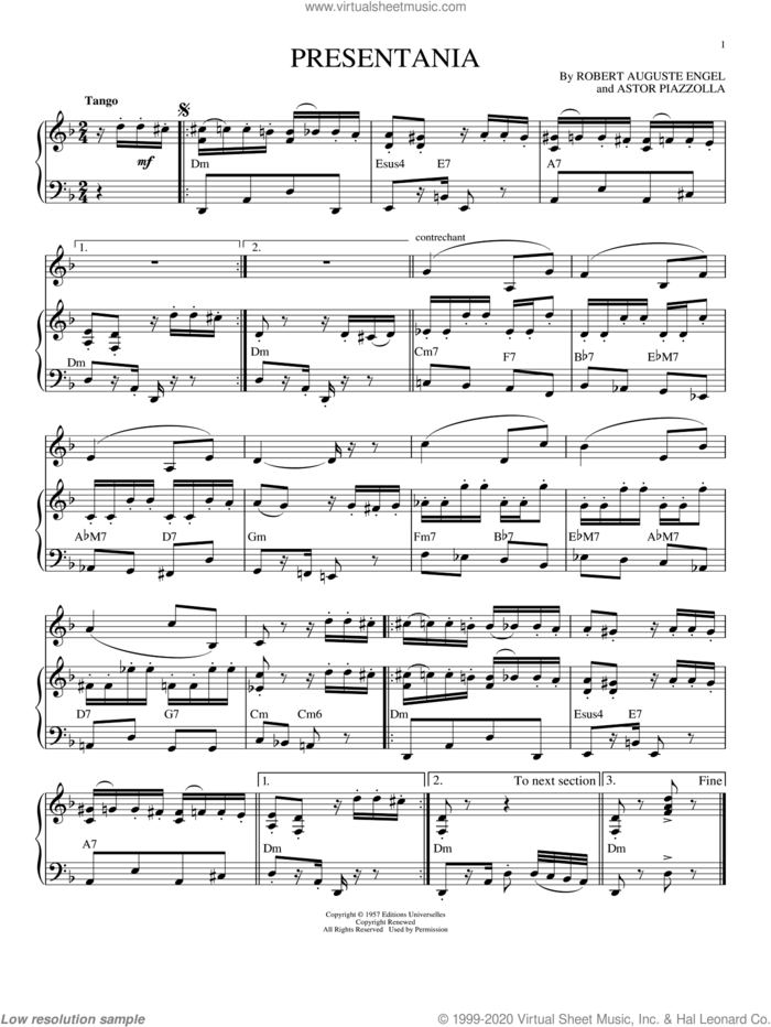 Presentania sheet music for piano solo by Astor Piazzolla and Robert Auguste Engel, intermediate skill level