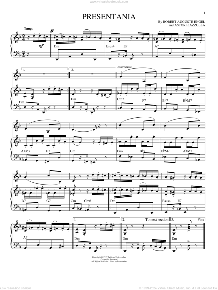 Presentania sheet music for piano solo by Astor Piazzolla and Robert Auguste Engel, intermediate skill level